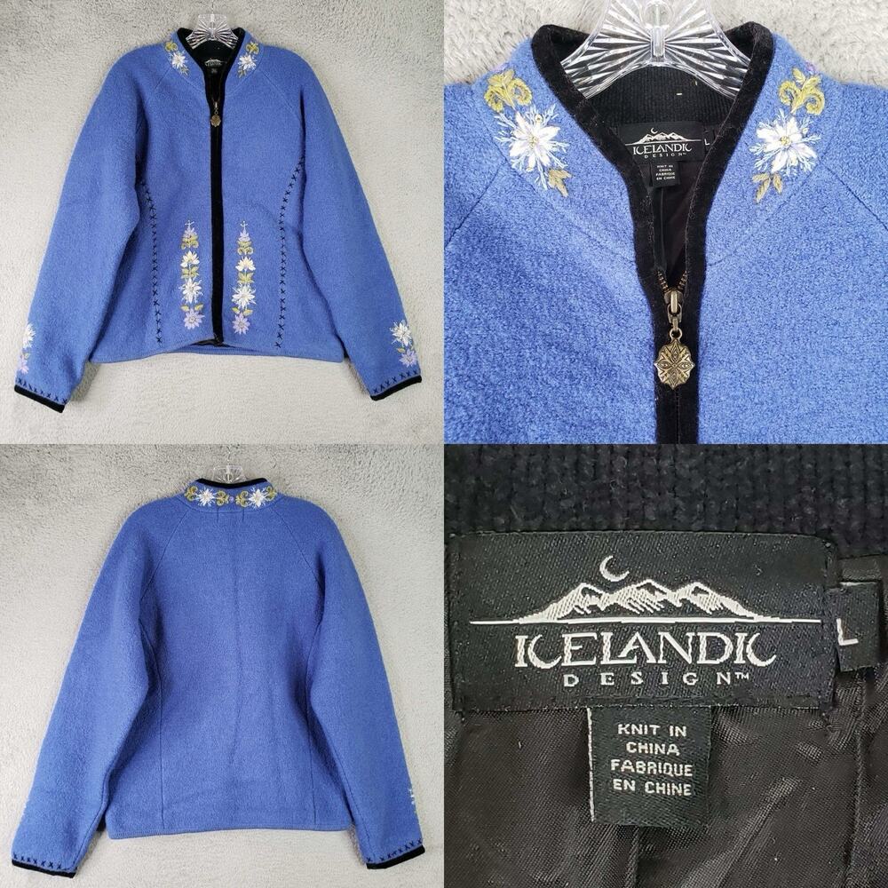 Vintage Icelandic Design Blue Boiled Wool Full Zip Cardigan Jacket Floral Large`